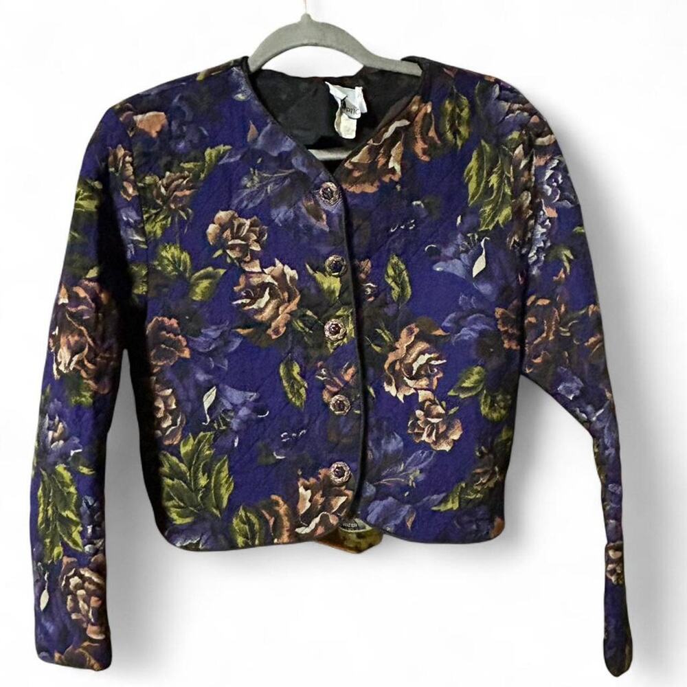 Short cropped 90s quilted purple jacket w gold roses floral whimsy goth moody